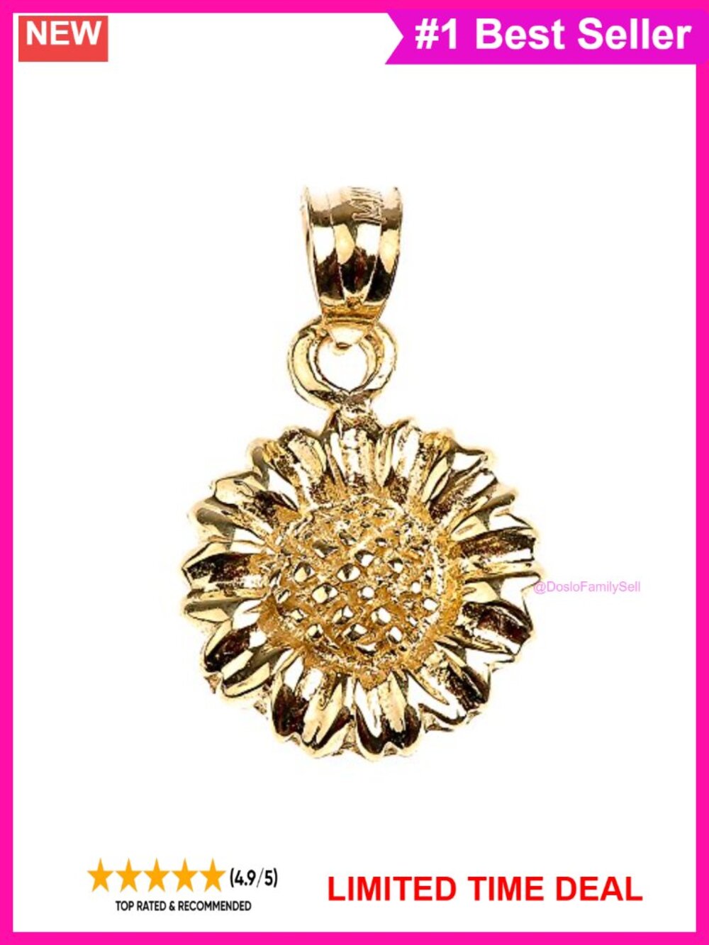 10k Yellow Gold Sunflower Charm Pendant Polished Solid Gold
